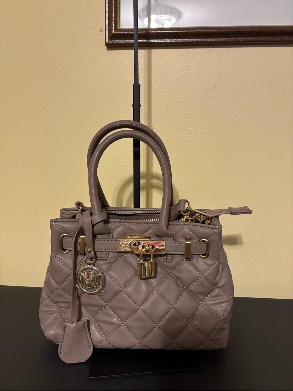 Badgley Mischka Quilted Taupe Satchel/Crossbody with Gold Hardware